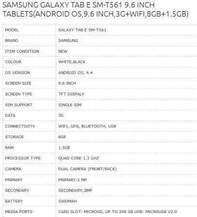 SAMSUNG TAB E 8GB STORAGE 16GB MICRO SD